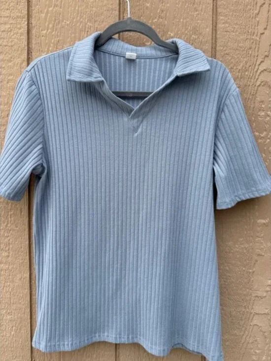 Light Blue Ribbed Polo Top - Picture 2 of 4